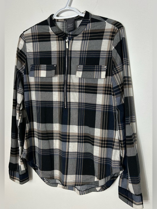 Suzy Shier Tops - Suzy Shier Navy and Cream Plaid 1/4 Zip Women's Blouse
